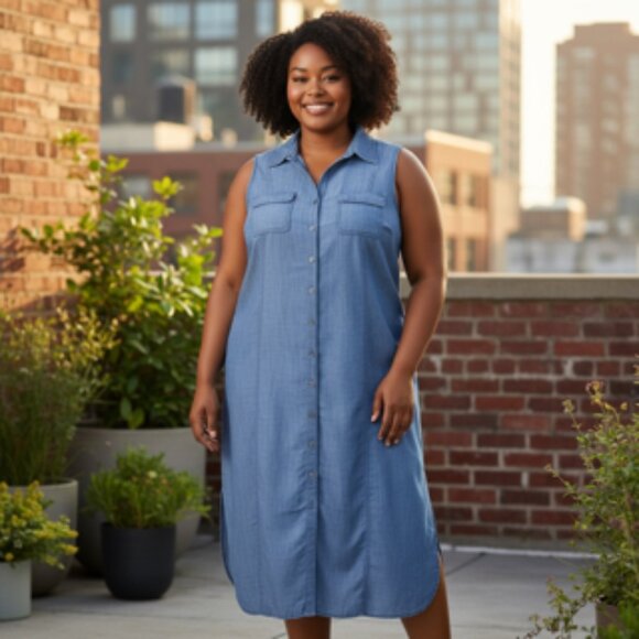 Talbots Chambray Denim Shirt Dress Sleeveless Button Front Belted Women’s 16 - Picture 1 of 12